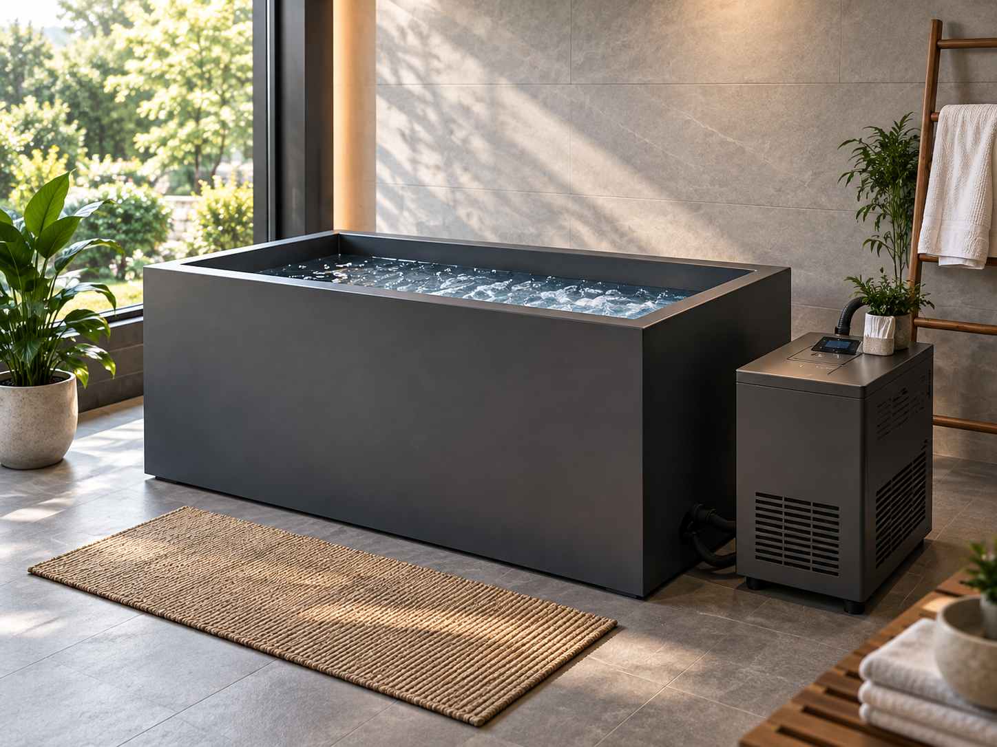 Representative cold-plunge and recovery system in a home wellness setting