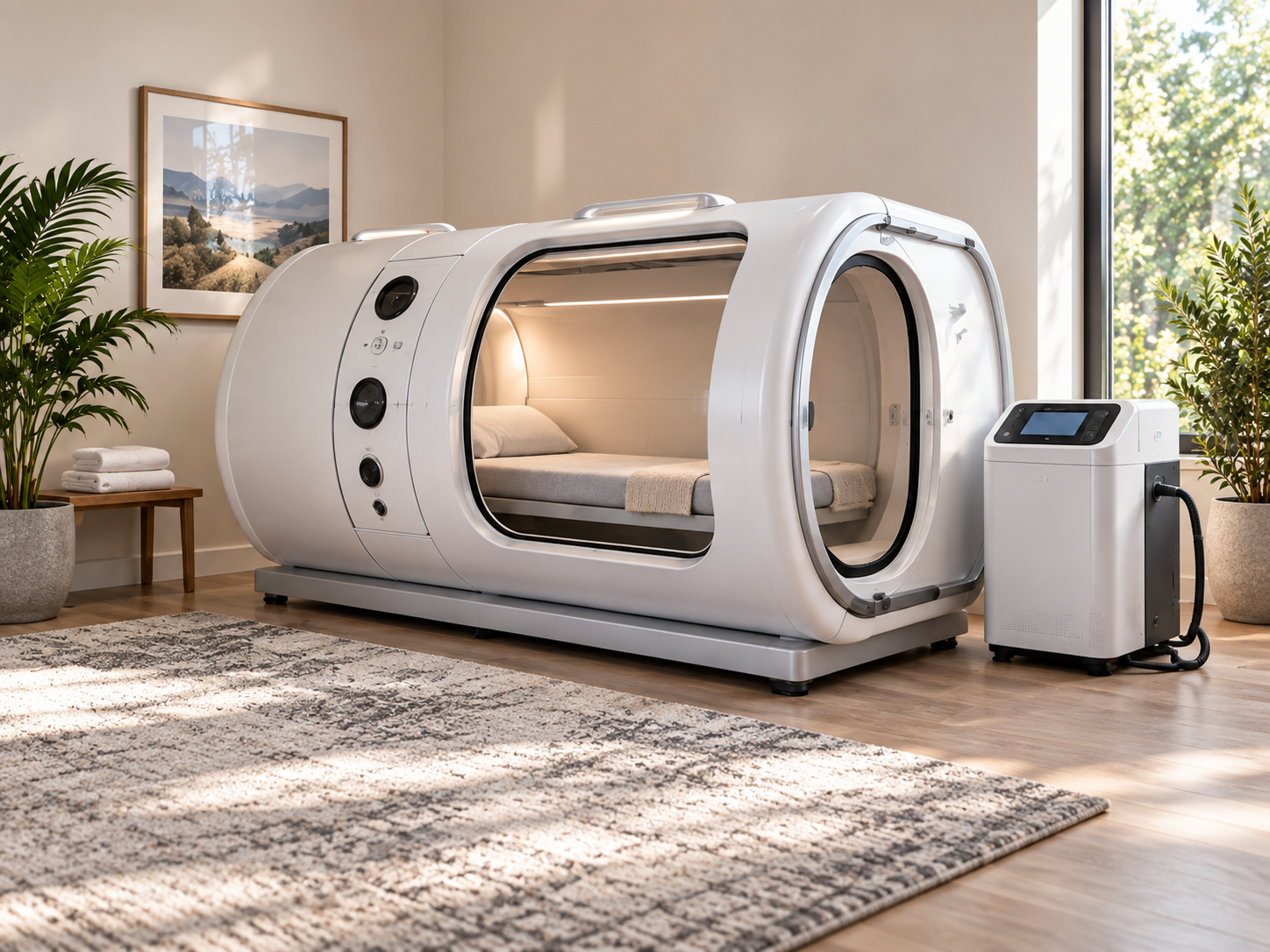 Representative hyperbaric wellness equipment in a home setting