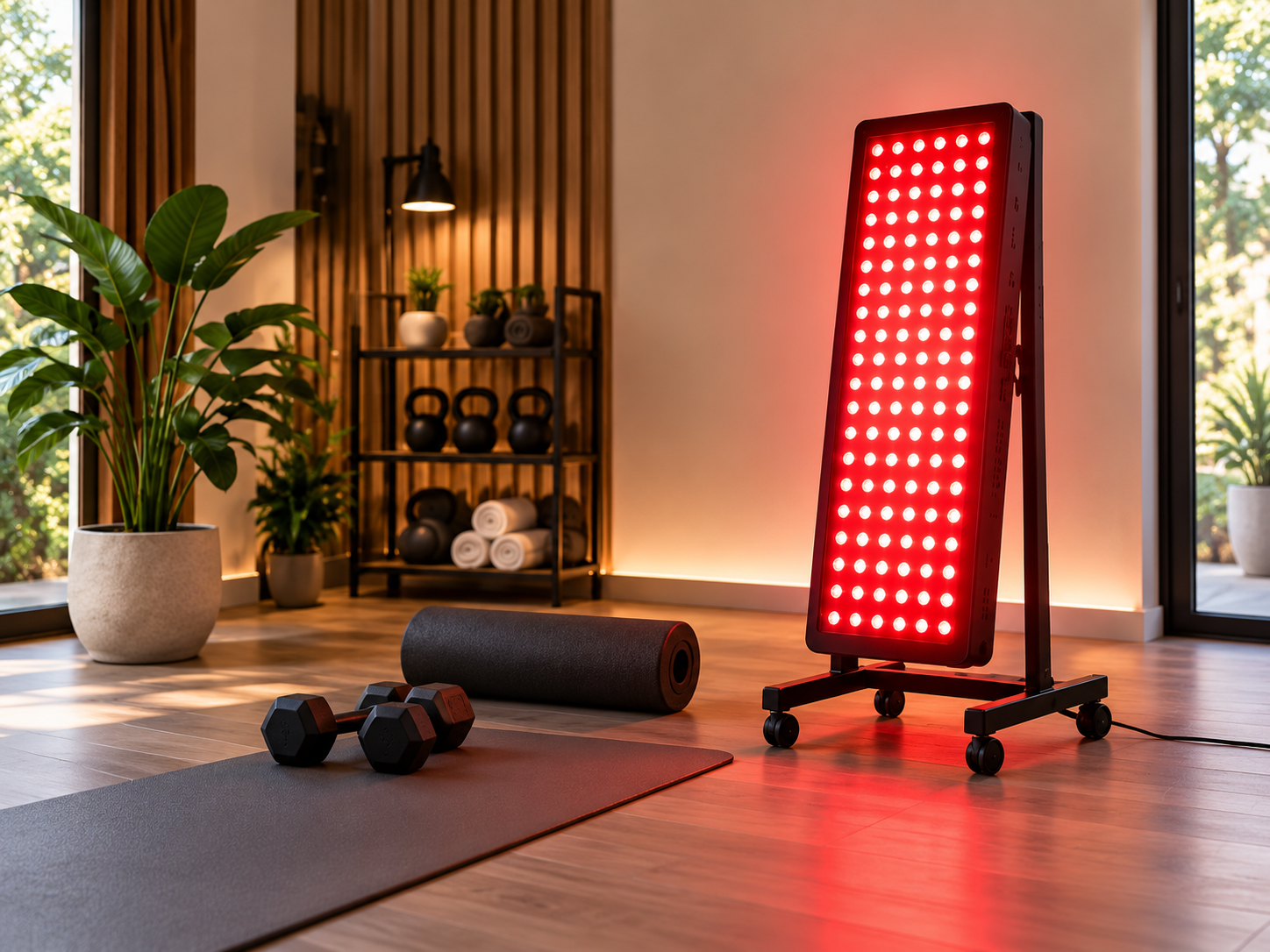 Representative red-light wellness equipment in a home setting