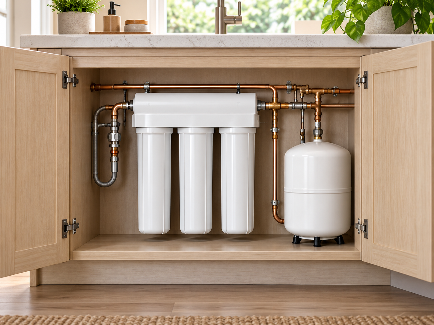 Representative home water filtration equipment installed under a sink